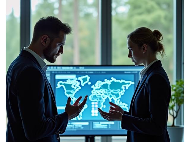 Mies ja nainen tarkastelevat digitaalista karttaa, puita taustalla, kuvaten metsäinvestointistrategiaa.